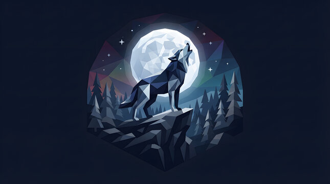 Geometric Low Poly Wolf Howling at Full Moon on Rocky Cliff in Night Pine Forest Illustration