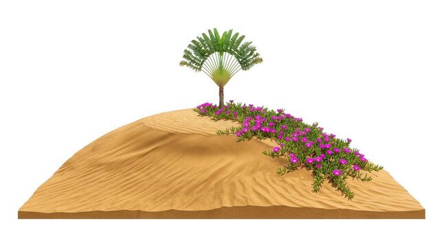 A vibrant scene depicting a small sandy hill adorned with lush pink flowers and a single palm tree, illustrating the beauty of desert flora and resilience in arid environments