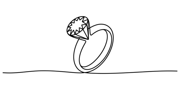 Continuous single line drawing of a diamond engagement ring isolated on a white background Vector, illustration