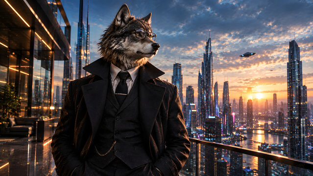 Wolf Head on Human Body Wearing Glasses in Modern City, Intelligence, Strength, Leadership and Innovation Business Concept