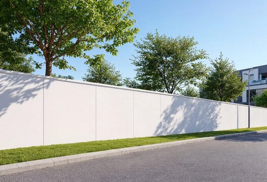 Empty white billboard hoarding beside an urban roadside, surrounded by green trees and construction development, providing clean outdoor advertising space for branding and promotional designs.