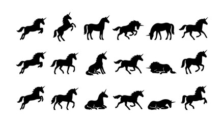 Fototapeta premium Silhouette Unicorn Vector Icons, Mythical Horse Poses Collection, Fantasy Creature Graphics