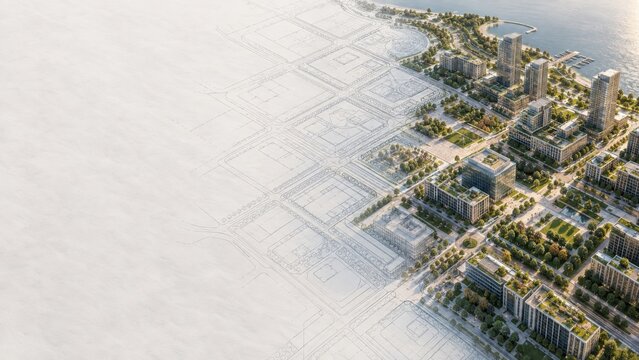 architectural master plan seamlessly transforming into a completed modern urban district