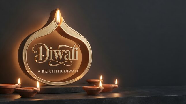 Elegant diwali greeting card featuring a glowing golden diya lamp with traditional typography on a dark background