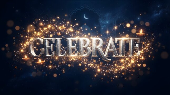 Celebrate text written in elegant metallic silver letters surrounded by glowing golden bokeh lights on dark background