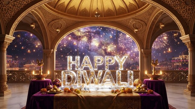 Festive happy diwali greeting with glowing letters inside a magical palace hall decorated for the festival of lights