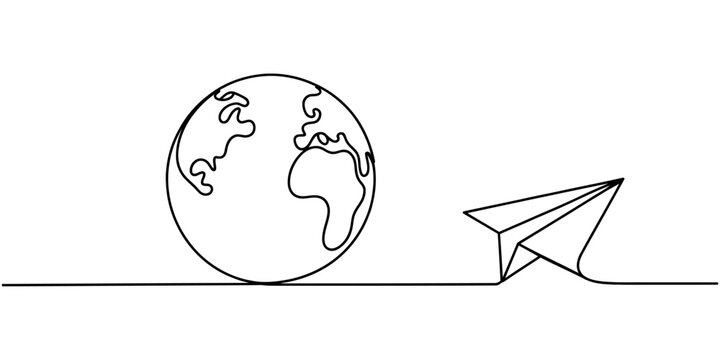 Continuous single line drawing of a paper plane flying around the globe earth isolated on a white background Vector, illustration