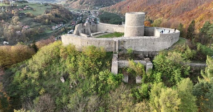Aerial approach to Rytro Castle ruins in the Poprad valley in autumn