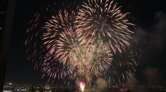 Night sky fireworks exploding with vibrant colors over a distant city skyline during a celebration