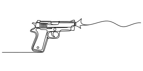 Continuous single line drawing of a pistol gun firing a bullet with a simple black stroke style isolated on a plain background for creative design isolated on transparent background, Vector © Alfarca Drim 
