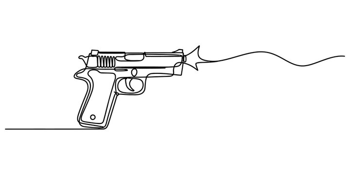 Continuous single line drawing of a pistol gun firing a bullet with a simple black stroke style isolated on a plain background for creative design isolated on transparent background, Vector