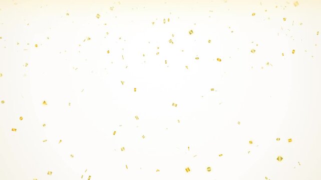 Golden confetti falling on white background, festive celebration background with shiny gold paper pieces, vector illustration 4k video animation