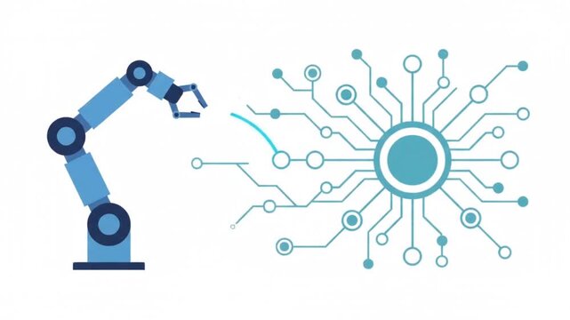 Artificial Intelligence Robotics Automation Minimalist Vector Animation with Robotic Arm and Digital Circuit for Smart Manufacturing Technology Concept