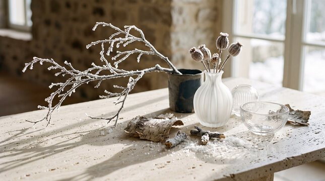 winter still life arrangement with frosted branches and dried seed pods on travertine table