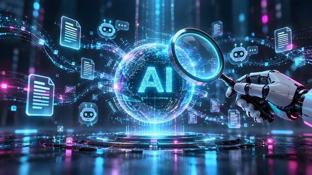 AI artificial intelligence concept with robotic hand holding magnifying glass over glowing globe analyzing data streams and digital documents futuristic technology background.