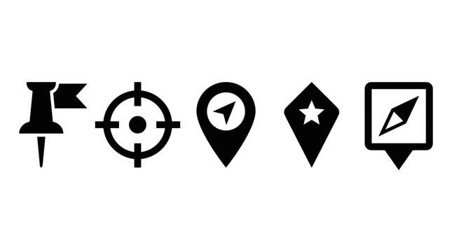 A collection of five black icons representing location, navigation, and destination: a pushpin with a flag, a target, a map marker with an arrow, a star marker, and a compass marker.