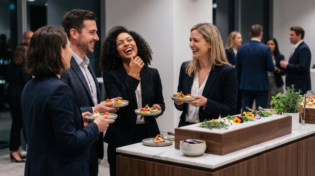 Diverse business professionals laughing and sharing hors d'oeuvres at a corporate networking event, featuring professional bonding and social interaction for human resources marketing and culture.