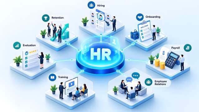 Human Resources HR department functions and processes visualized in a modern isometric diagram with icons and people illustrating hiring onboarding training evaluation retention payroll and employee
