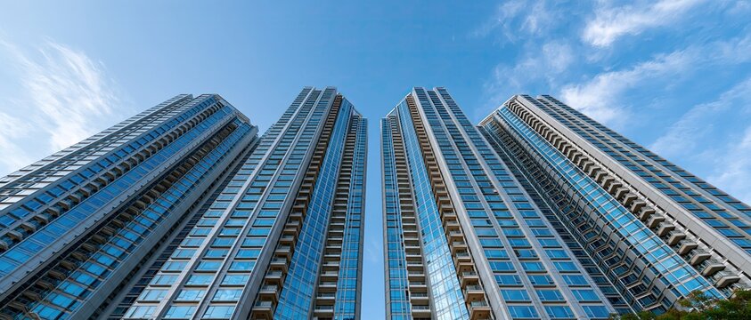 Low angle shot of modern high-rise residential buildings, glass curtain wall apartment towers under blue sky for real estate and urban architecture promotion