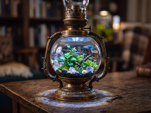 Small fish aquarium inside a vintage brass lantern on a wooden table