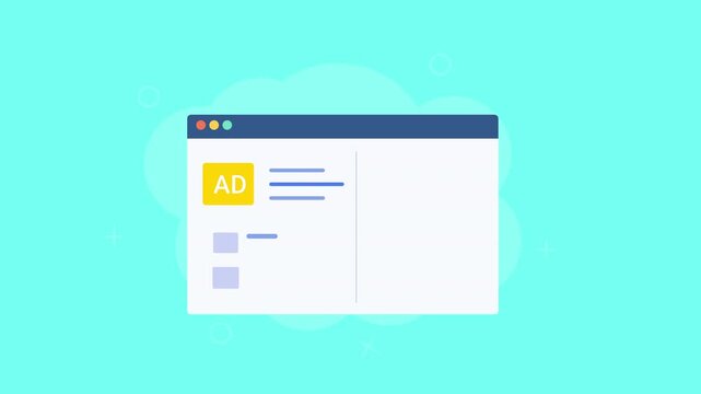 Flat vector animation showing a digital advertising performance dashboard with ad content, user data, and bar chart analytics on a bright cyan background.