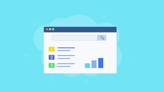 Flat vector animation showing search engine ranking analytics with numbered search results, search bar, rising arrow, and performance bar chart on a bright blue background.