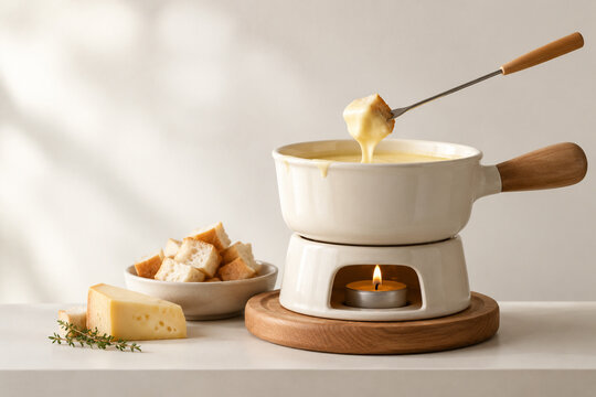 Ceramic cheese fondue pot on wooden trivet with bread cubes and cheese chunk, fondue snack concept