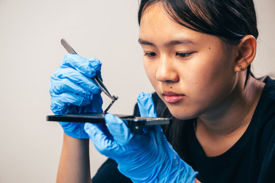 Female technician replaces smartphone lithium battery for hardware repair concept. Conceptual backdrop for phone repair service, right to repair microelectronics, and green circular economy 