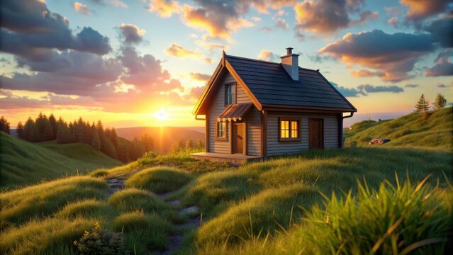 A small house glowing warmly at sunset on a hill