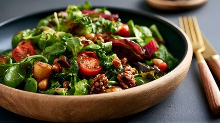 Obraz premium A fresh mixed green salad with cherry tomatoes walnuts and roasted vegetables in a wooden bowl