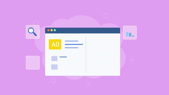 Flat vector animation showing digital advertising performance analytics with ad content, search, audience, revenue, and bar chart elements on a soft purple background.