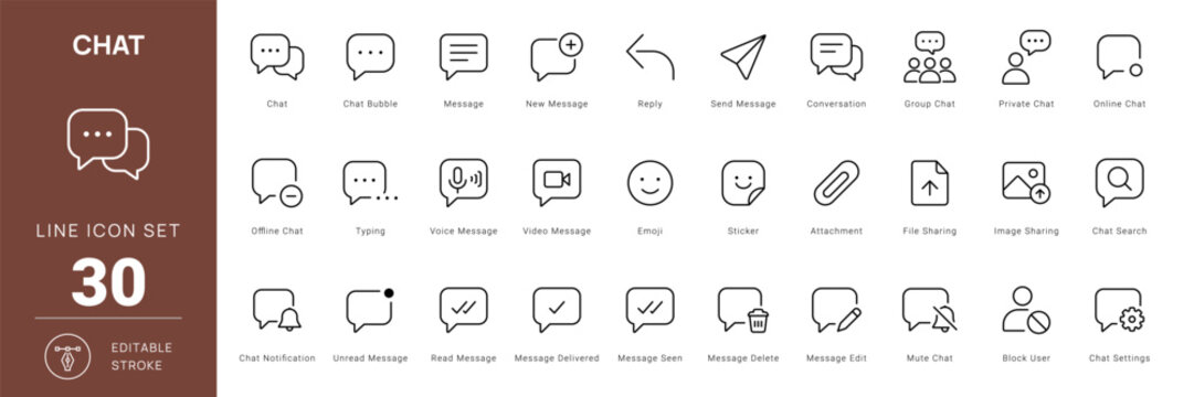 chat communication icon line style message social media editable stroke vector set