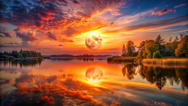 A fiery sunrise blazes over a tranquil lake illuminated by a radiant full moons gentle glow from above