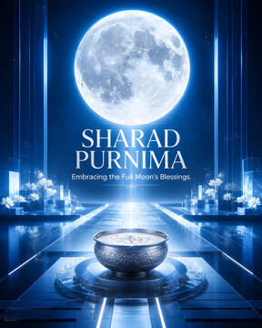 Create a futuristic Sharad Purnima celebration with glowing full moon, silver kheer bowl, blue illumination, and floral decor