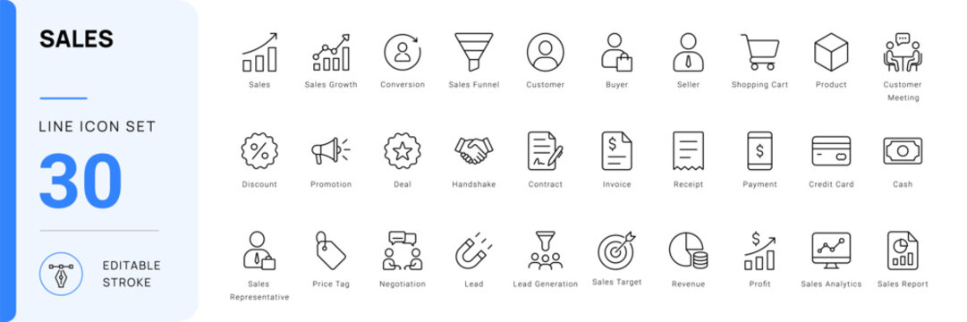 Sales Business Marketing Ecommerce Line Icon Vector Set Editable Stroke
