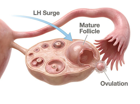 Ovulation Process Medical Infographic Showing LH Surge Mature Follicle Rupture and Egg Release Anatomy Isolated on White