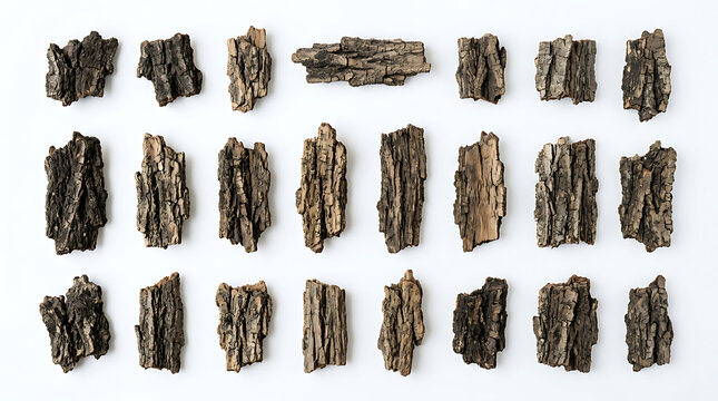 Collection of natural tree bark segments arranged on white background