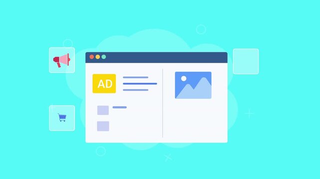 Flat vector animation showing a digital advertising product page with advertisement content, shopping cart, target, megaphone, product image, and five star rating on a bright cyan background.