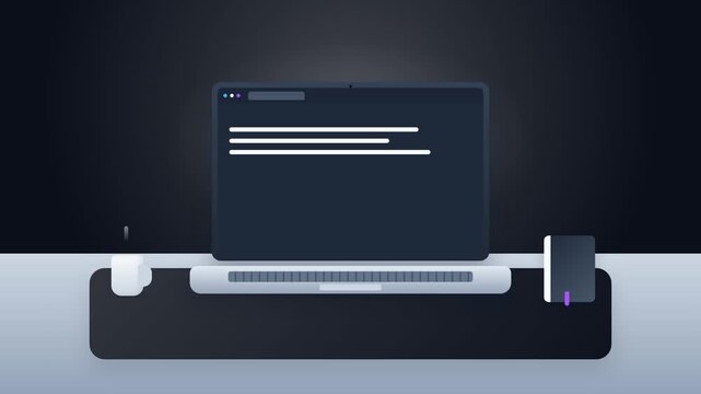 Laptop computer on modern dark desk setup with notebook and coffee cup illustration