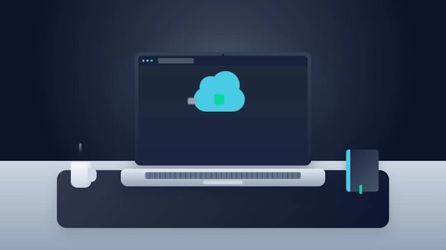 Laptop computer displaying cloud computing and data storage service concept vector illustration