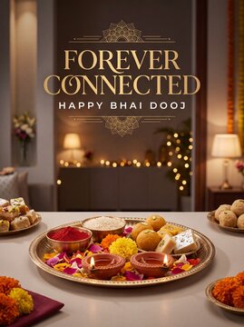Diwali Bhai dooj festival celebration with traditional sweets and oil lamps on a festive decorated table