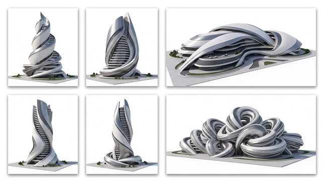 Collection of six futuristic building 3D models featuring organic fluid architectural designs and metallic finishes for urbanism.