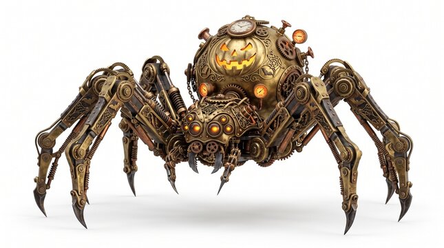 Steampunk Halloween Mechanical Spider with Glowing Jack-o-lantern Body