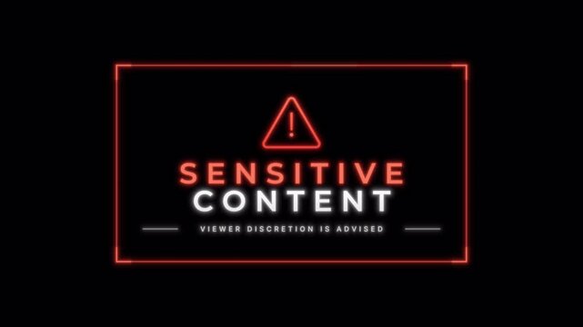 Animated sensitive content warning frame with red neon glowing lights and hazard icon for sensitive content notices. Red neon sensitive content warning with exclamation triangle and hazard