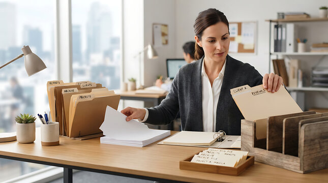 Woman organizing files in a home office, sorting documents and folders in a desk organizer