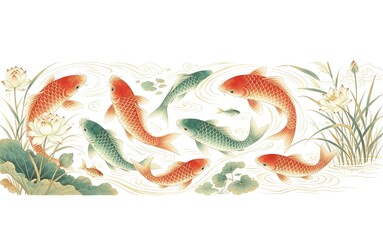 Fototapeta premium Traditional Chinese Painting Of Koi Fish Swimming Among Lotus Leaves With Red Green Koi And Golden Ripples
