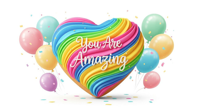 Rainbow heart cookie with You Are Amazing text and colorful balloons isolated on transparent background