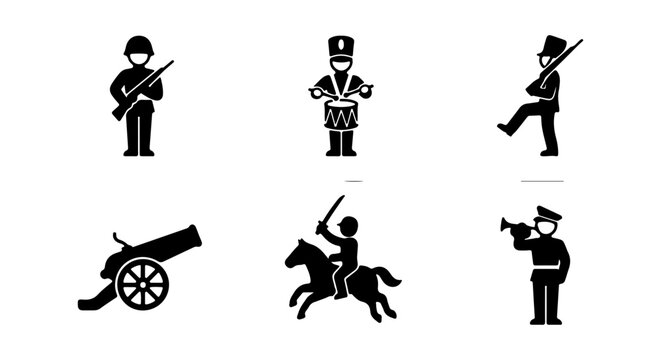 Military Icons Set: Soldier, Drummer, Cavalry, Cannon, Bugler, Marching Soldier Vector Graphics
