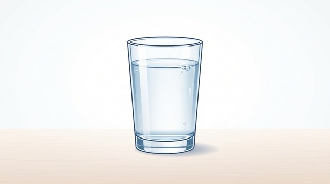 Clean vector illustration of a drinking glass filled with fresh water on a wooden surface.