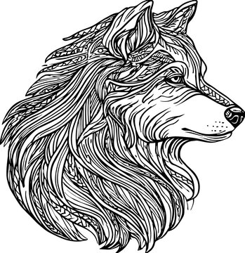 A Wolf With Hair Flowing Mandala Animal Coloring Page Vector
